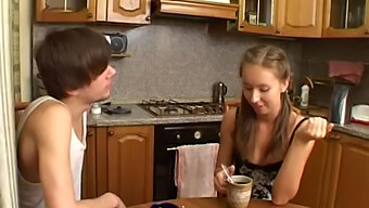 A Caucasian Teen Enjoys A Cup Of Coffee With Sperm During Oral Sex