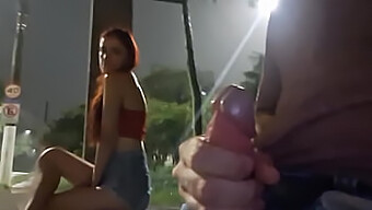 Daring Street Handjob By A Fiery Redhead At The Bus Stop