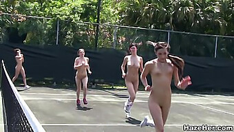 Amateur Hazers In Sorority Initiation On Tennis Court