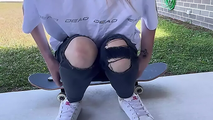 Inked skater teen enjoys intense orgasm in public